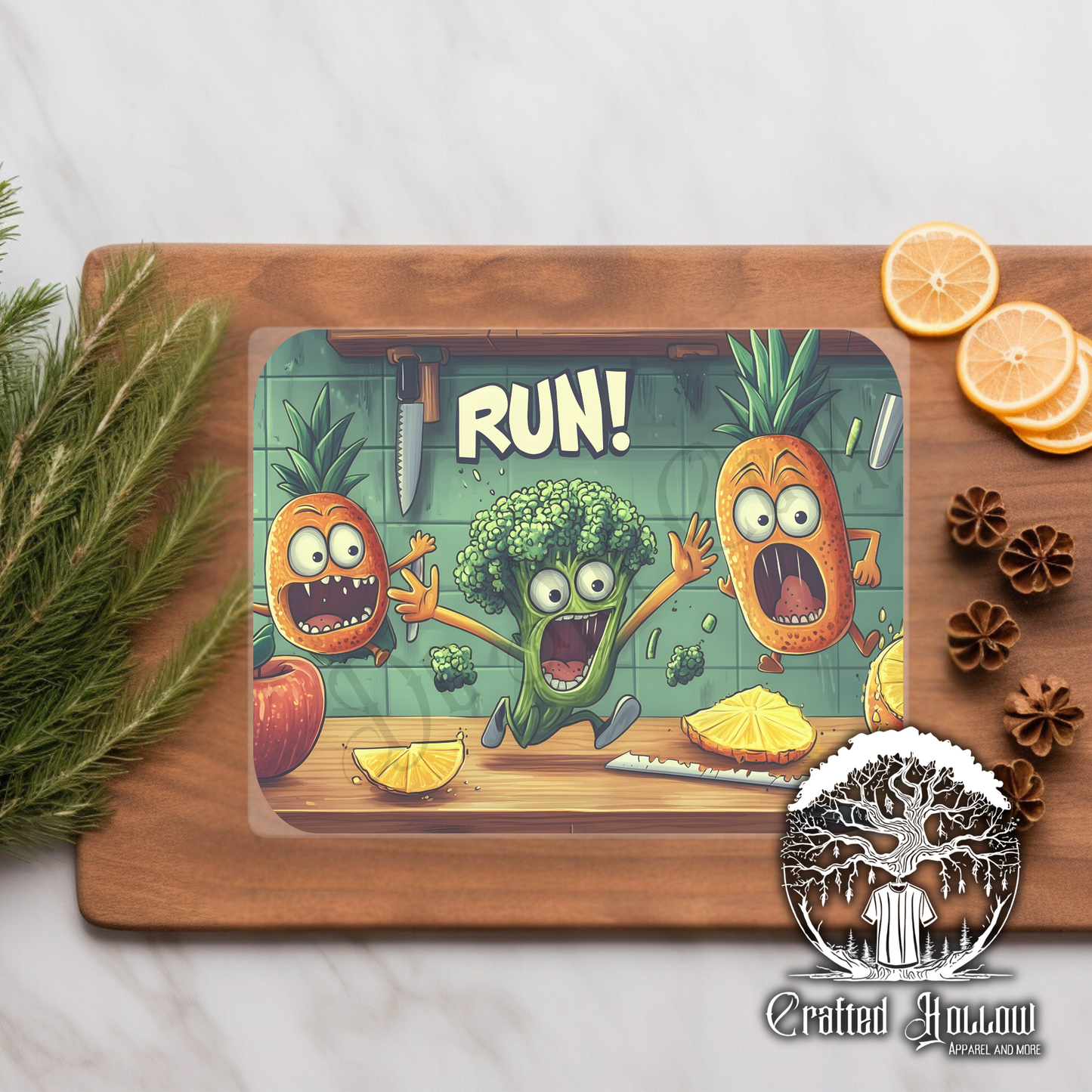 Run! Funny Vegetables Glass Cutting Board