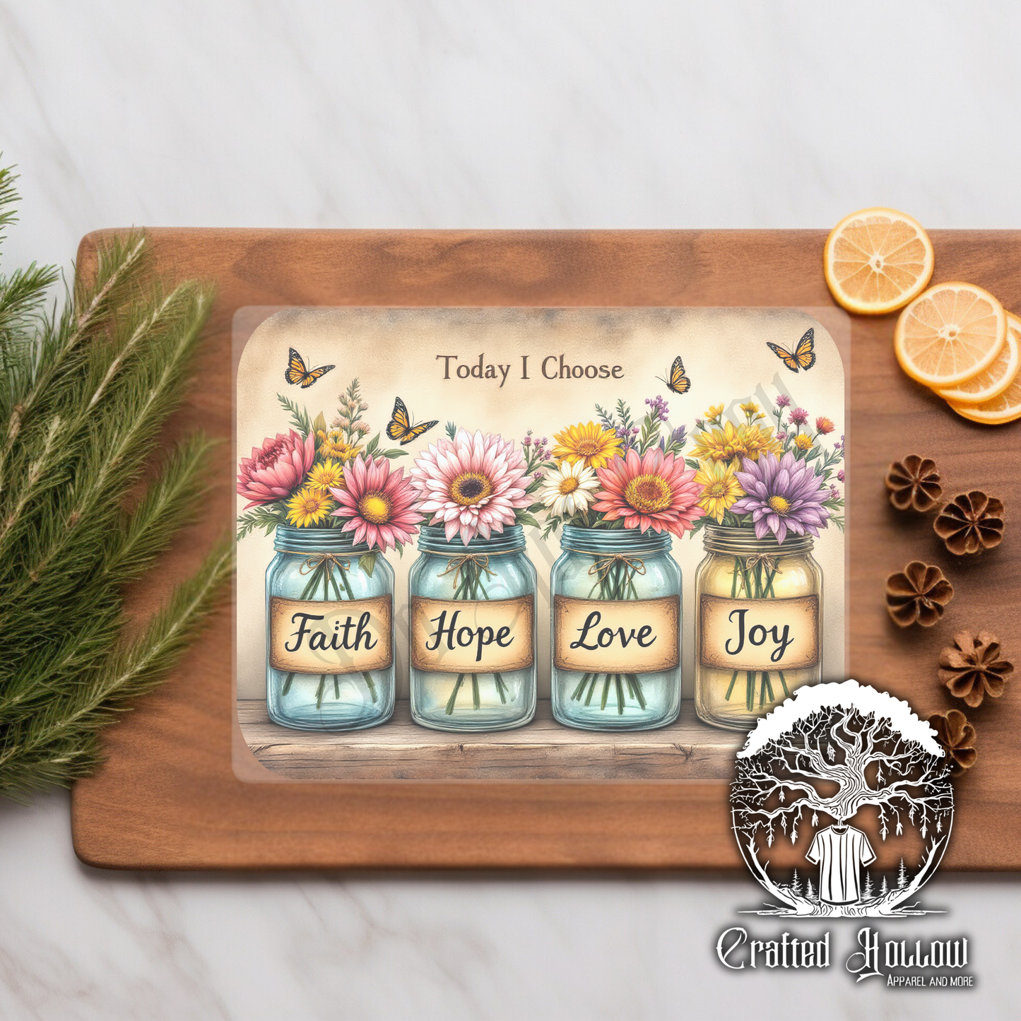 "Faith, Hope, Love, and Joy" Floral Glass Cutting Board