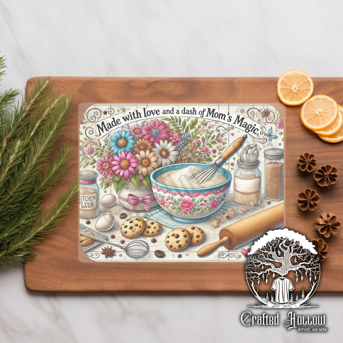 "Made with Love and a Dash of Mom's Magic Glass Cutting Board