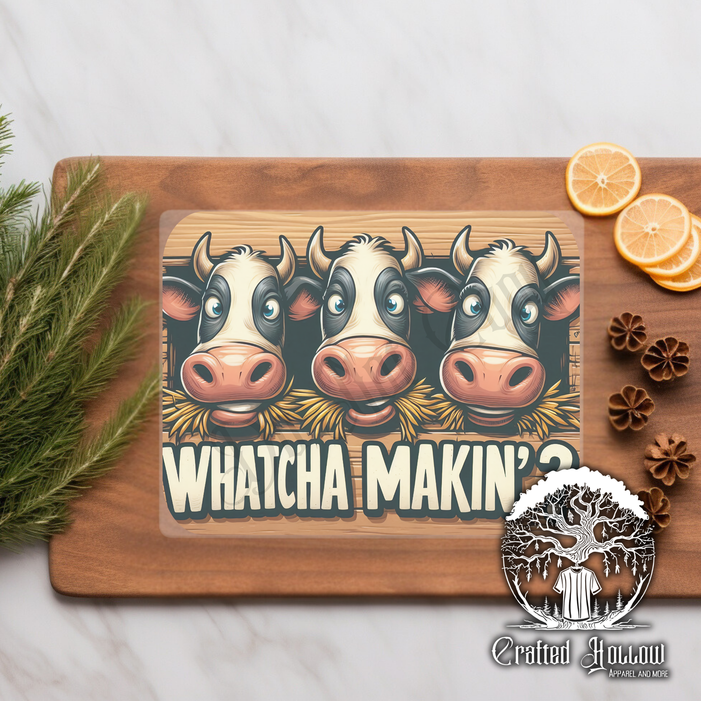 "Whatcha Makin'" Cow Glass Cutting Board