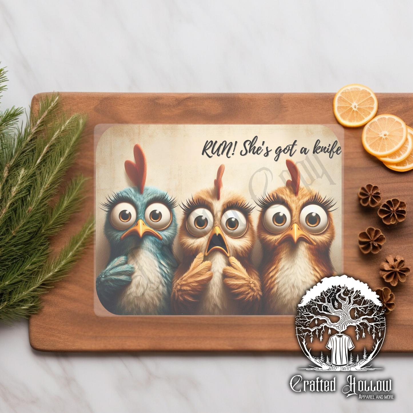 "Run! She's got a Knife" Chicken Glass Cutting Board