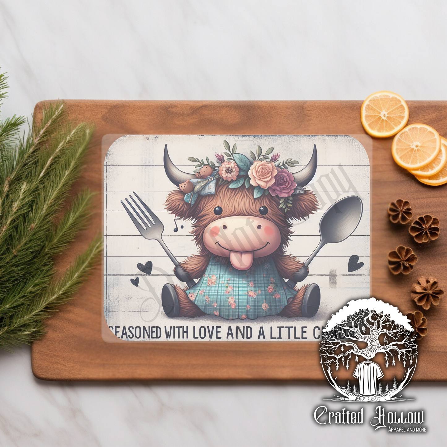 "Seasoned With Love and a Little Chaos" Cow Glass Cutting Board