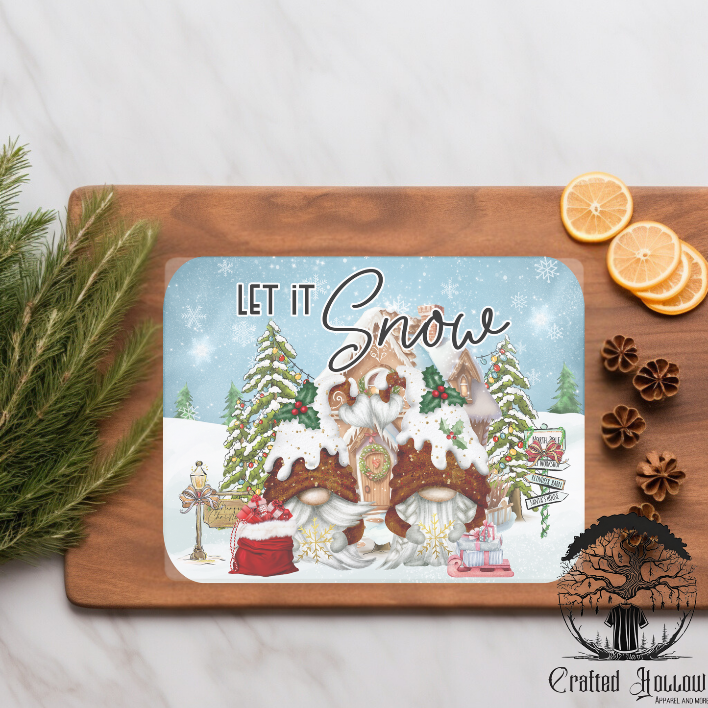 Gnomes Let It Snow Glass Cutting Board