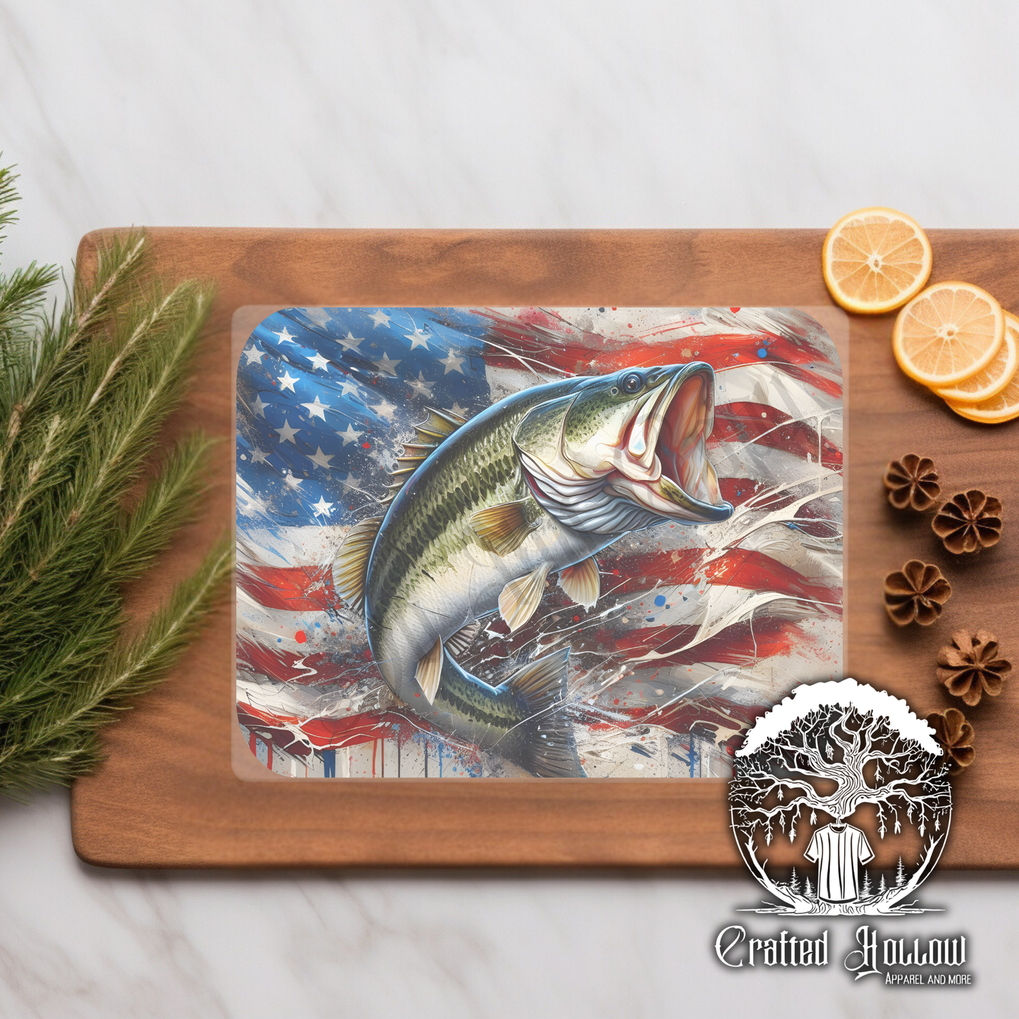 Fishing American Flag Glass Cutting Board