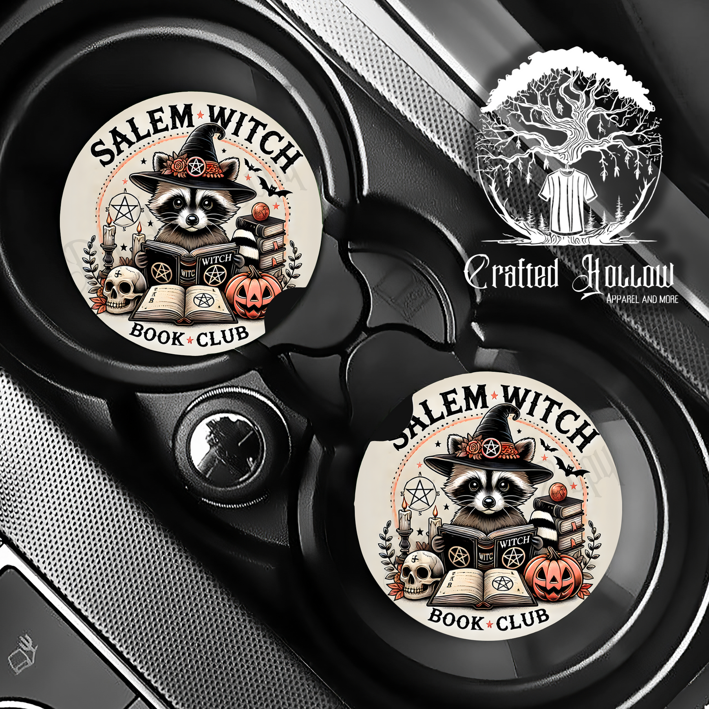 Salem Witch Book Club Raccoon Witch Car Coasters