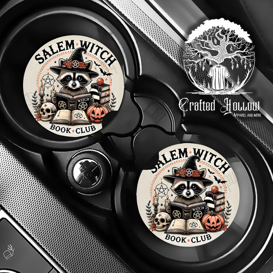 Salem Witch Book Club Raccoon Witch Car Coasters