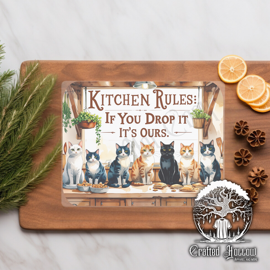 "Kitchen Rules: If You Drop It It's Ours" Cat Glass Cutting Boards