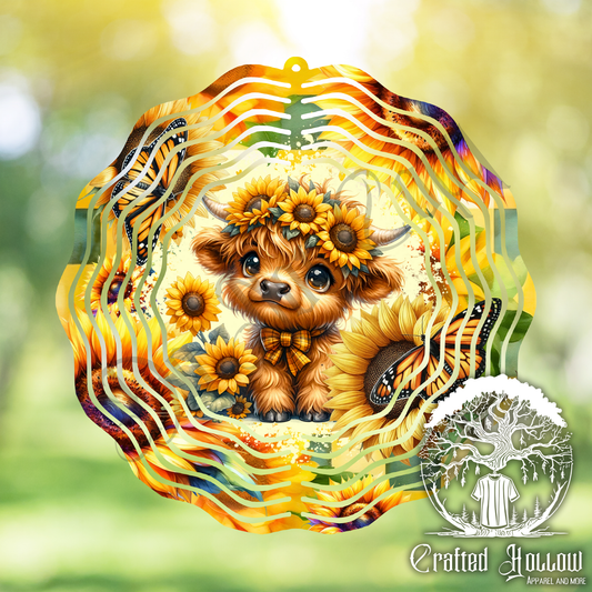 Sunflower Highland Cow Wind Spinner